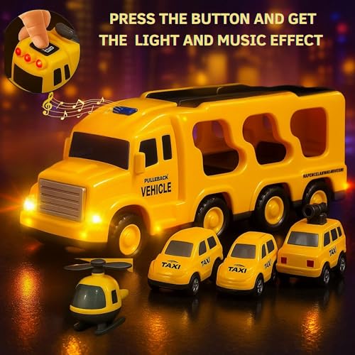 GRAPHENE 5-in-1 Pull Back Friction-Powered Transport Truck Set Light & Music Montessori Carrier Educational Vehicle Mini Helicopter Taxi Toy Boys & Girls Fun Birthday Gift for Kids Ages 3+8years - Image 4