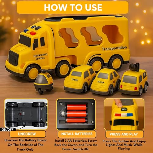 GRAPHENE 5-in-1 Pull Back Friction-Powered Transport Truck Set Light & Music Montessori Carrier Educational Vehicle Mini Helicopter Taxi Toy Boys & Girls Fun Birthday Gift for Kids Ages 3+8years - Image 3