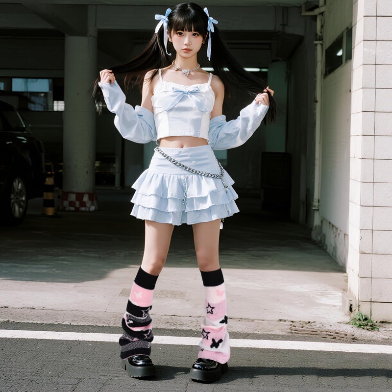 Junely Leg Warmers for Women Winter Kawaii Leg Warmer Cute Legwarmers with Butterfly Bow Japanese Socks Goth Emo Lolita Gyaru Gothic Harajuku Accessories Pink Black - Image 3