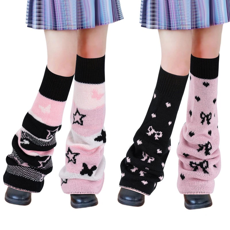 Junely Leg Warmers for Women Winter Kawaii Leg Warmer Cute Legwarmers with Butterfly Bow Japanese Socks Goth Emo Lolita Gyaru Gothic Harajuku Accessories Pink Black - Image 1