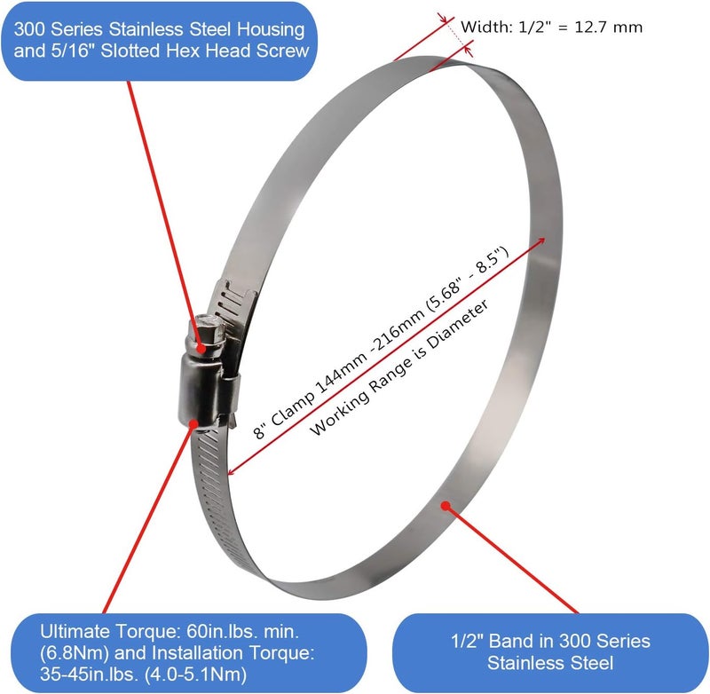 ROADFORMER 8" Worm Gear Hose Clamp - SAE 128 Size, Full Stainless Steel with 1/2" Band Width, Working Range 144mm -216mm Hose Clamps, 5 Pack - Image 3