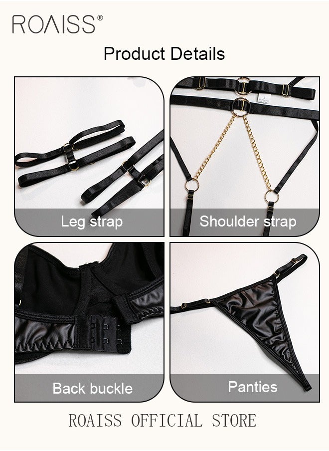 roaiss 4 Piece Women Patent Ring Detail Harness Garter Lingerie Set Strappy Underwear Metal Chain Leather Bodysuit Gift for Ladies Wife Girlfriend  - Image 2
