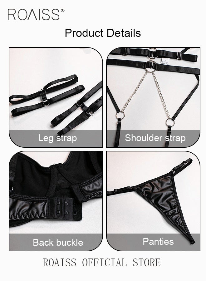 رويس 4 قطعة حلقة براءات الاختراع التفاصيل تسخير الرباط مجموعة الملابس الداخلية Strappy الملابس الداخلية سلسلة معدنية جلدية ارتداءها هدية للسيدات زوجة صديقة - Image 2