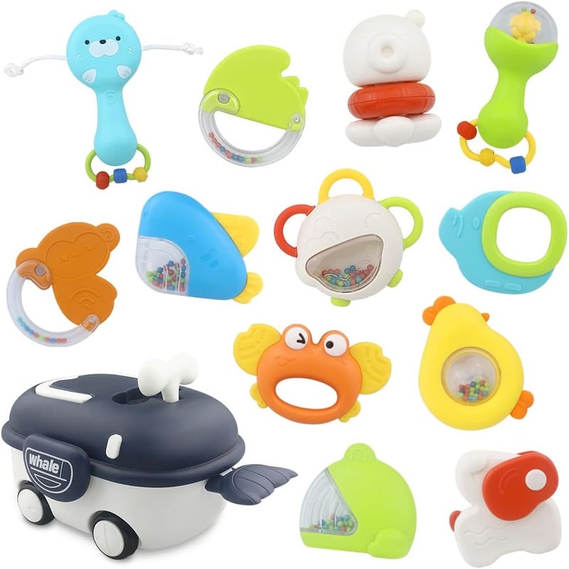 Caterbee Baby Rattle Toy Set, Colorful Infant Teether and Shaker Toys, 0-18 Months Development Set with Whale Car and Animal Shapes, 13 Piece (Whale) - Image 1