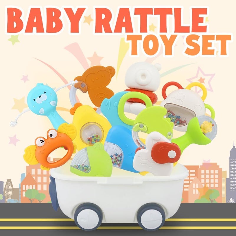 Caterbee Baby Rattle Toy Set, Colorful Infant Teether and Shaker Toys, 0-18 Months Development Set with Whale Car and Animal Shapes, 13 Piece (Whale) - Image 2