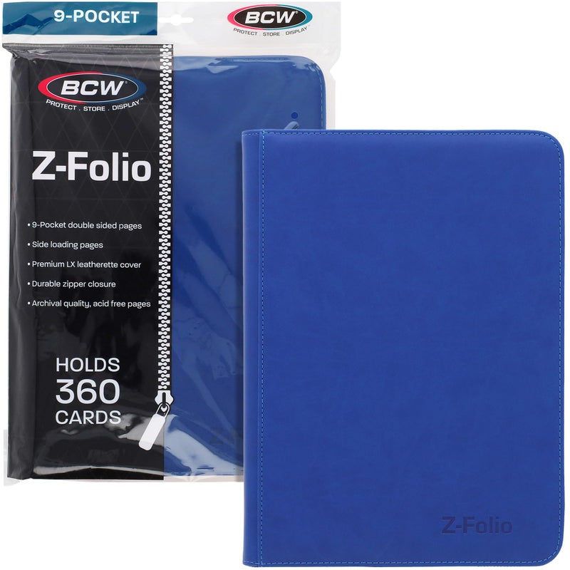 BCW Z-Folio 9-Pocket LX Album - Blue | Secure Zipper Card Organizer | Premium Leatherette Card Collection Binder | Trading Card Binder for Pokemon, MTG, Sport Cards and More - Image 1
