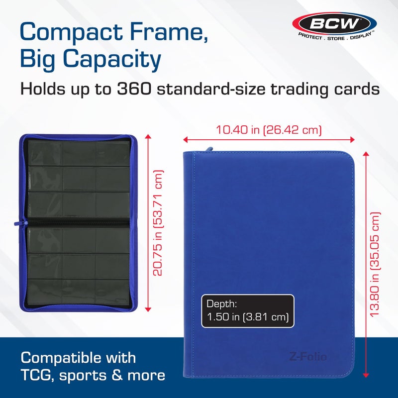 BCW Z-Folio 9-Pocket LX Album - Blue | Secure Zipper Card Organizer | Premium Leatherette Card Collection Binder | Trading Card Binder for Pokemon, MTG, Sport Cards and More - Image 3