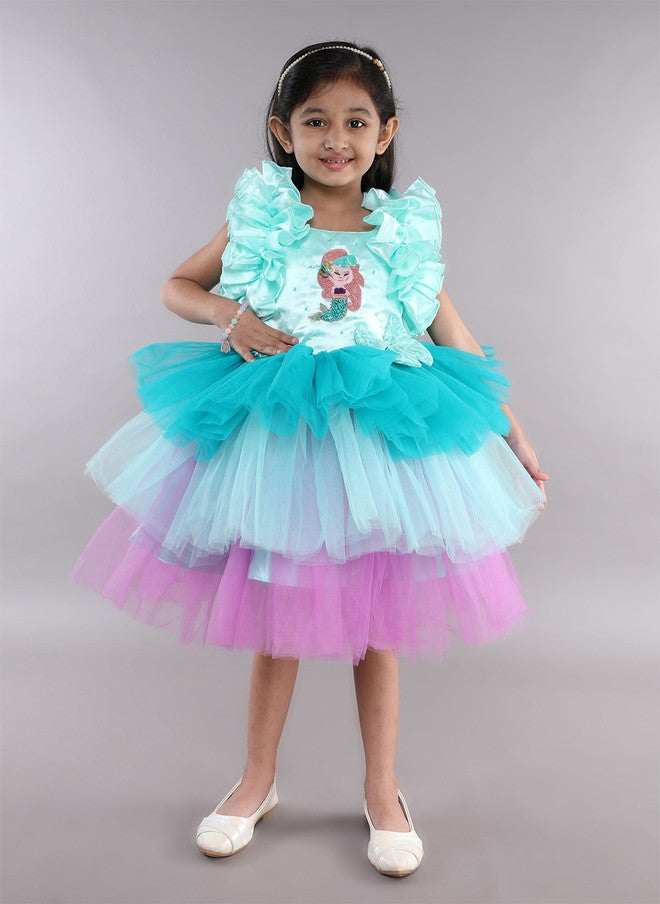 PinkChick Sea Green Girls Layered Fit & Flare Party Dress - Image 1