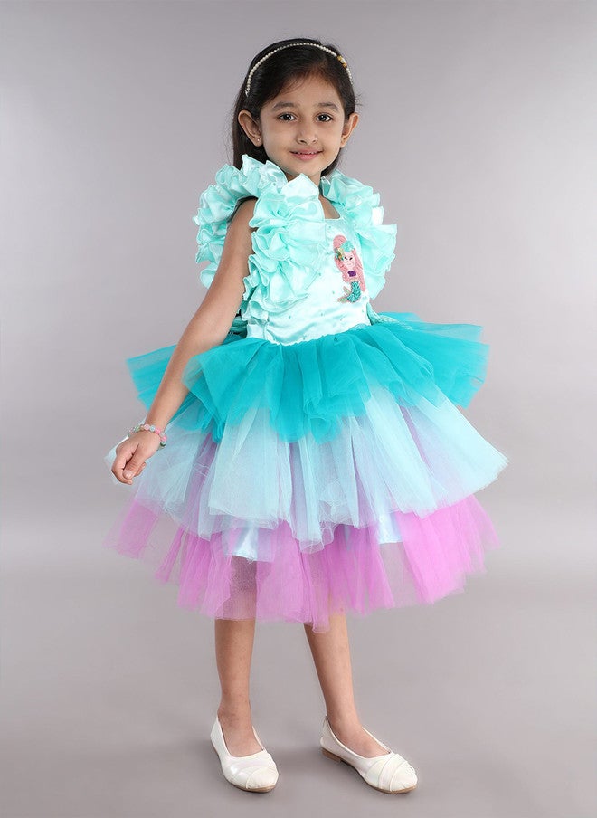 PinkChick Sea Green Girls Layered Fit & Flare Party Dress - Image 3