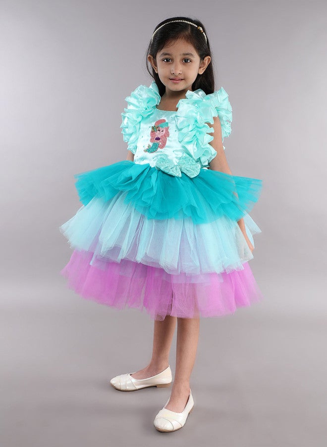 PinkChick Sea Green Girls Layered Fit & Flare Party Dress - Image 4