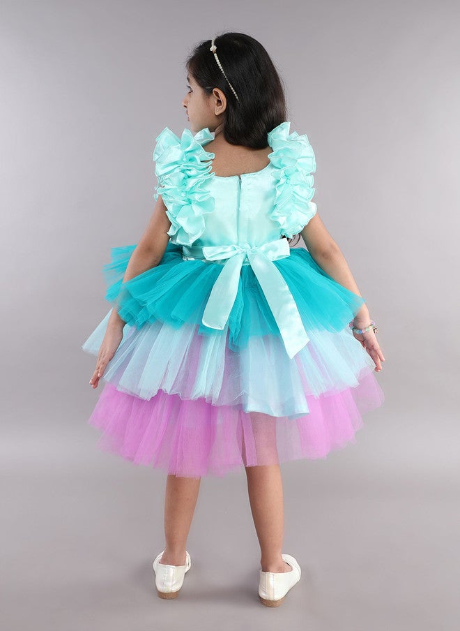 PinkChick Sea Green Girls Layered Fit & Flare Party Dress - Image 5