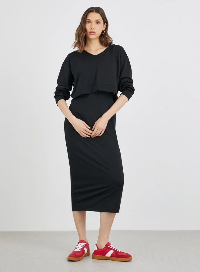 تايك تو Take Two Women Solid V Neck Sweatshirt and Bodycon Midi Dress Co-Ords