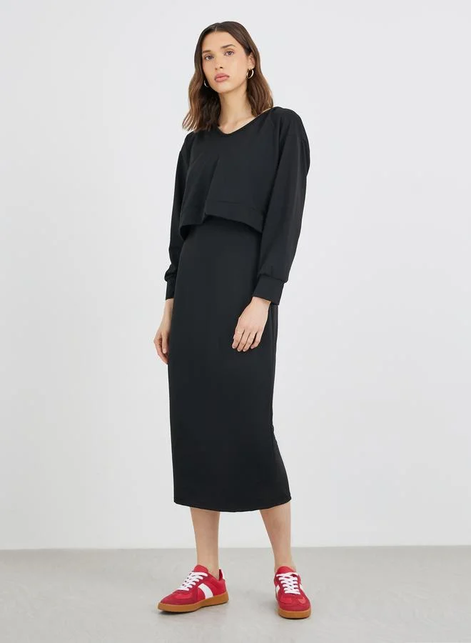 تايك تو Take Two Women Solid V Neck Sweatshirt and Bodycon Midi Dress Co-Ords