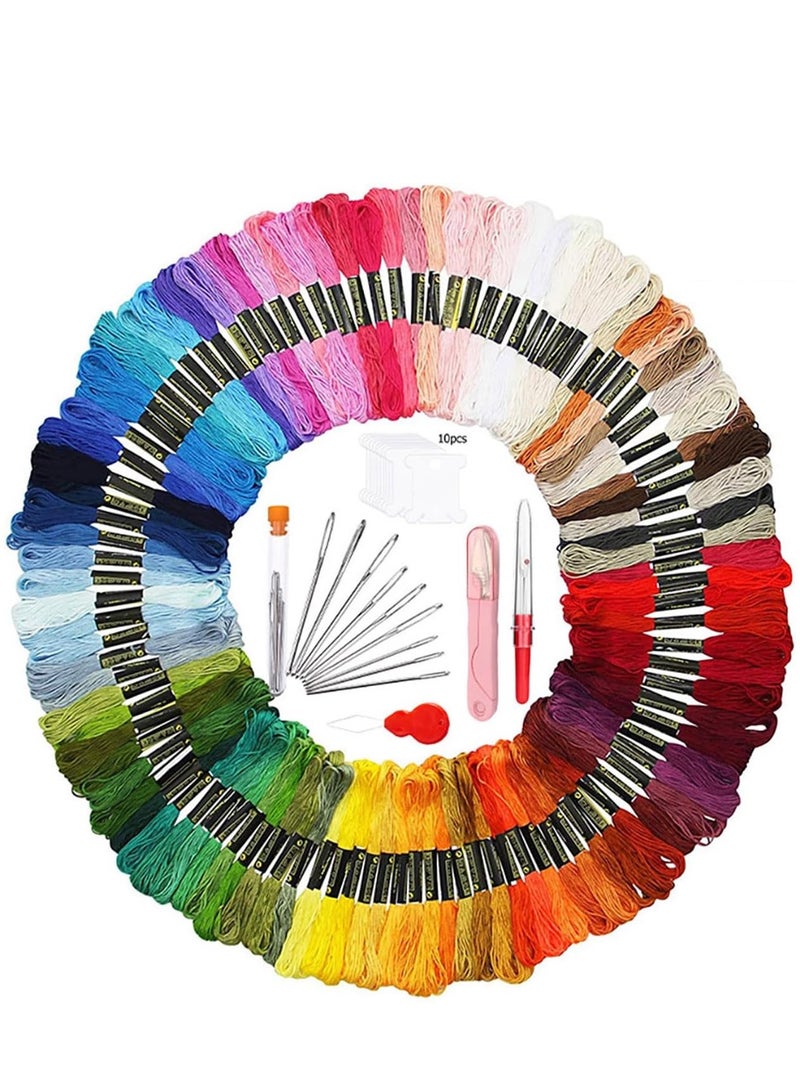 50 pieces of mixed-color cross-stitch threads, rainbow colors, including 9 large eye needles, a pair of scissors, 10 thread winders, 1 thread remover, and 1 threading device - Image 1