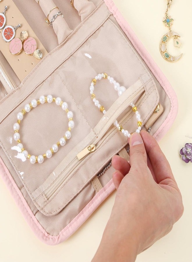 BLUE BEADS حقيبة تخزين مجوهرات قابلة للطي من بلو بيدز، حقيبة حمل محمولة لحفظ القلائد والأقراط والخواتم وغيرها. حقيبة تخزين مجوهرات معلقة بسحاب، سعة كبيرة، للنساء والفتيات (لون وردي). - Image 3