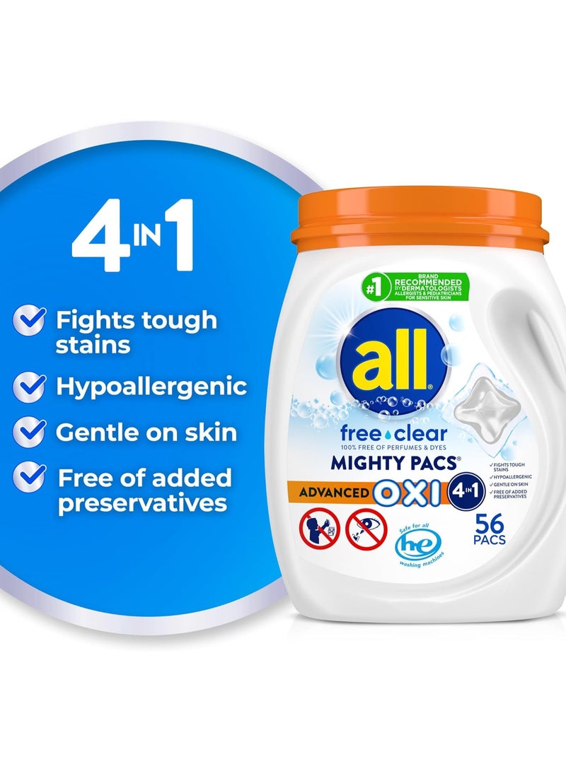 all Laundry Detergent Pacs, Mighty Pacs with OXI Stain Removers and Whiteners, Free Clear, Unscented and Dye Free, 56 Count - Image 4