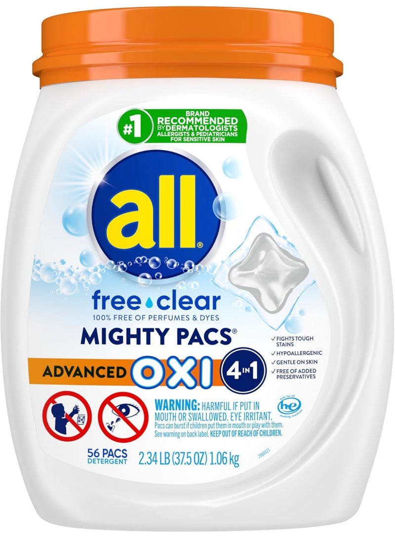 all Laundry Detergent Pacs, Mighty Pacs with OXI Stain Removers and Whiteners, Free Clear, Unscented and Dye Free, 56 Count - Image 1