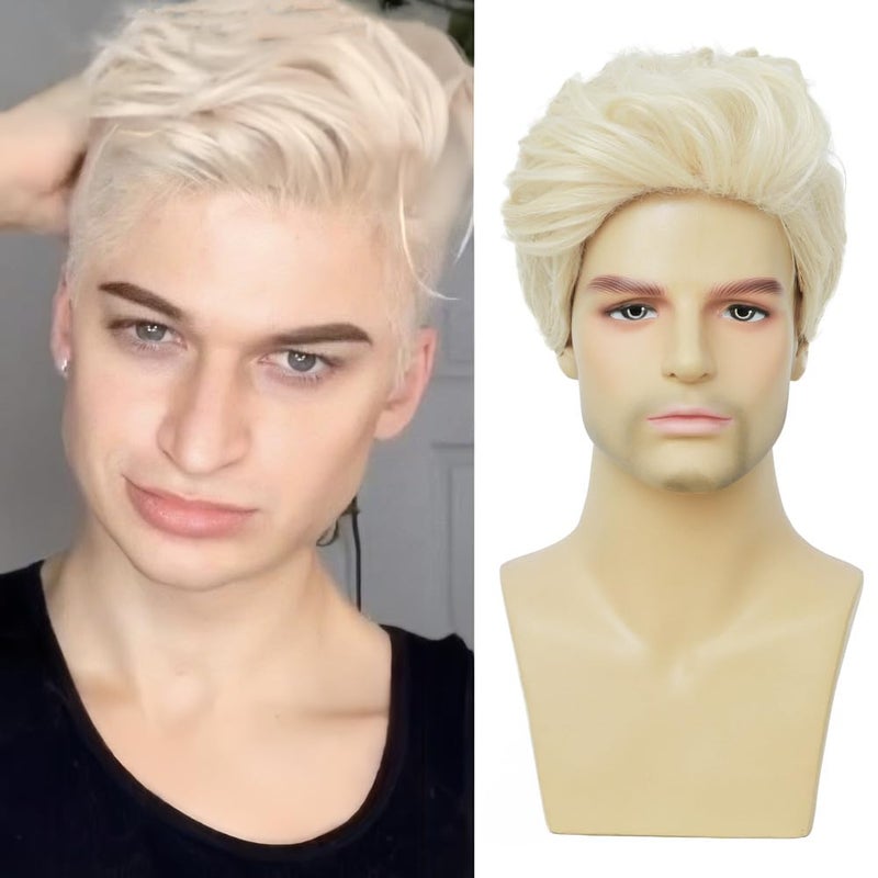 Kaneles Mens Blonde Short Wig Natural Synthetic Fluffy Heat Resistant Male Hair Daily Wig With Cap