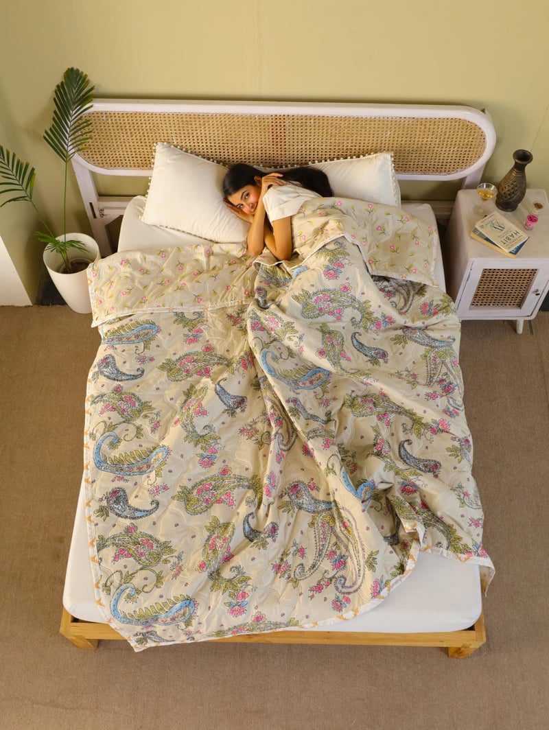 Fancy Walas Dohar Double Bed 100% Cotton Blankets for Summer | 90x100inch, 150GSM Ac Comforter and Cooling Blankets for Summer | Cream Color Curry | Classic Printed Design | Quilt | Ideal for Gifting - Image 3