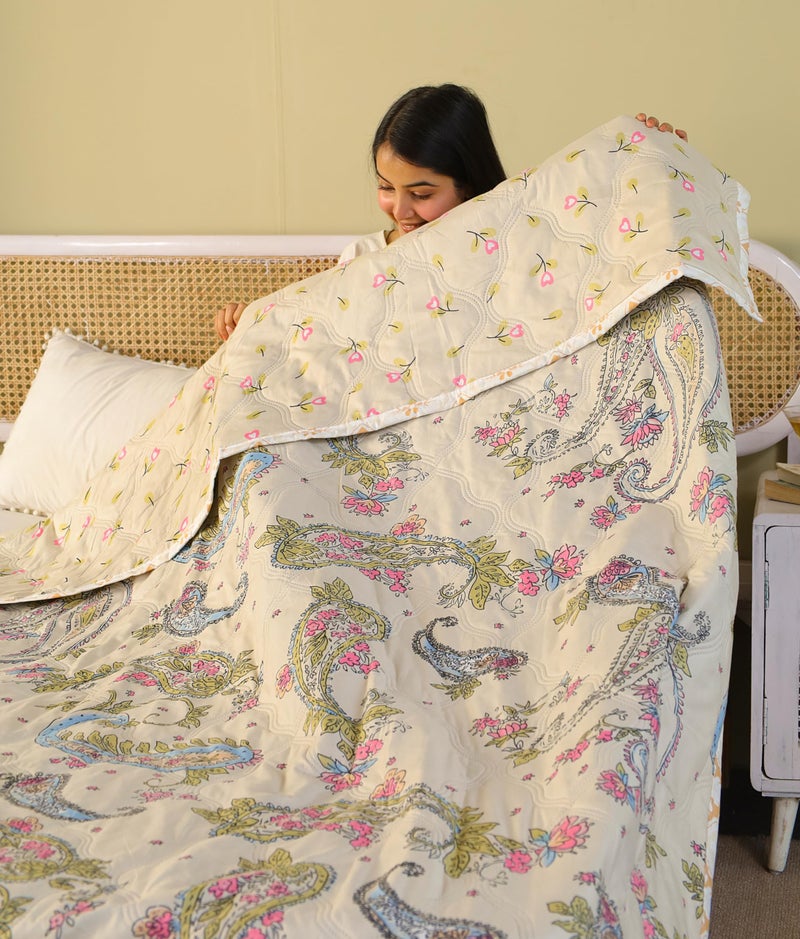 Fancy Walas Dohar Double Bed 100% Cotton Blankets for Summer | 90x100inch, 150GSM Ac Comforter and Cooling Blankets for Summer | Cream Color Curry | Classic Printed Design | Quilt | Ideal for Gifting - Image 5
