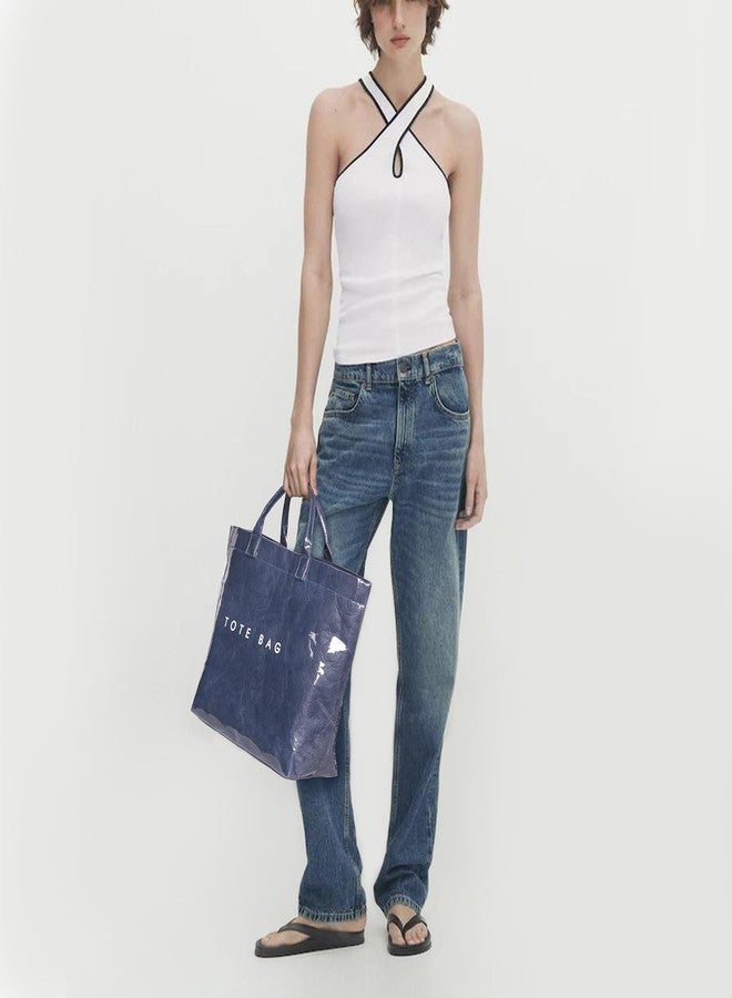 BBIQI PVC Tote Bag for Women Plastic Tote Bag Letters Print Handbag Hobo Bags for Work Shopping Gift, A-dark Blue, Large - Image 3