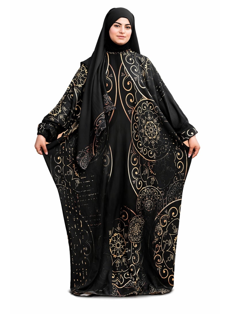 SATR HIJABI Elegant Black & Gold Printed Isdal – Luxury Modest Prayer Wear for Women - Image 1