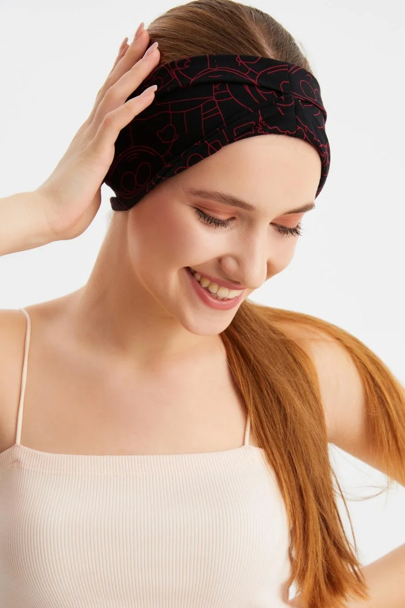 Butikgiz Black-Red Women's Double-Sided Use Alternative, Cotton Combed, Non-Slip, Lightweight, Sports Hair Band Bandana