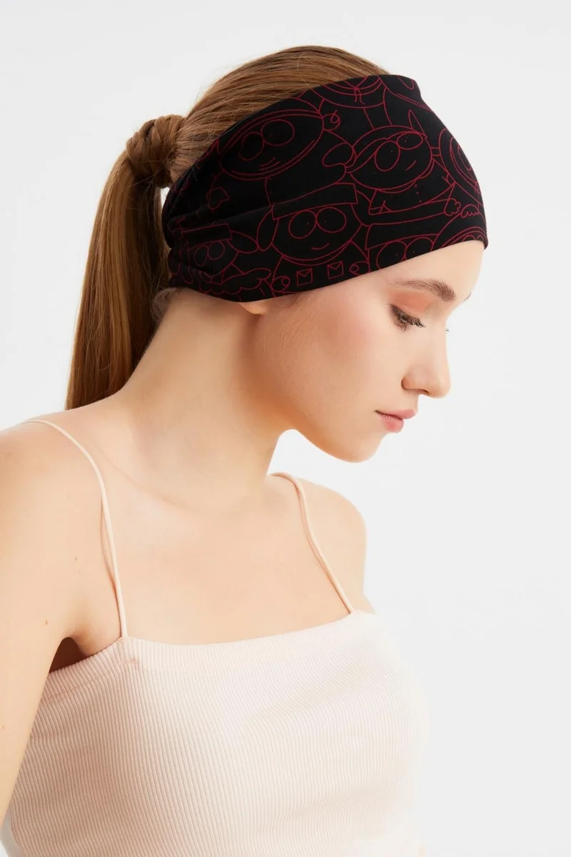 Butikgiz Black-Red Women's Double-Sided Use Alternative, Cotton Combed, Non-Slip, Lightweight, Sports Hair Band Bandana