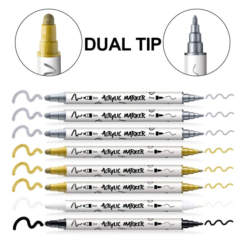 TRANSON 3 Gold, 3 Silver, 1 Black and 1 White Paint Markers Bold and Fine Dual-tip Acrylic Paint Marker Set for Rock Painting Glass Canvas Wood Leather Ceramic Painting - Image 4