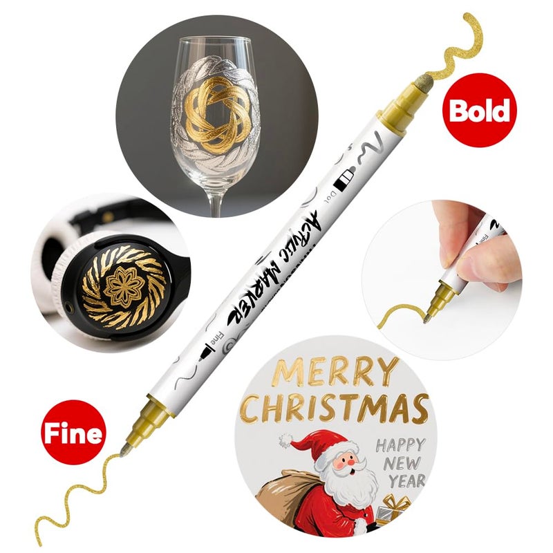 TRANSON 3 Gold, 3 Silver, 1 Black and 1 White Paint Markers Bold and Fine Dual-tip Acrylic Paint Marker Set for Rock Painting Glass Canvas Wood Leather Ceramic Painting - Image 3