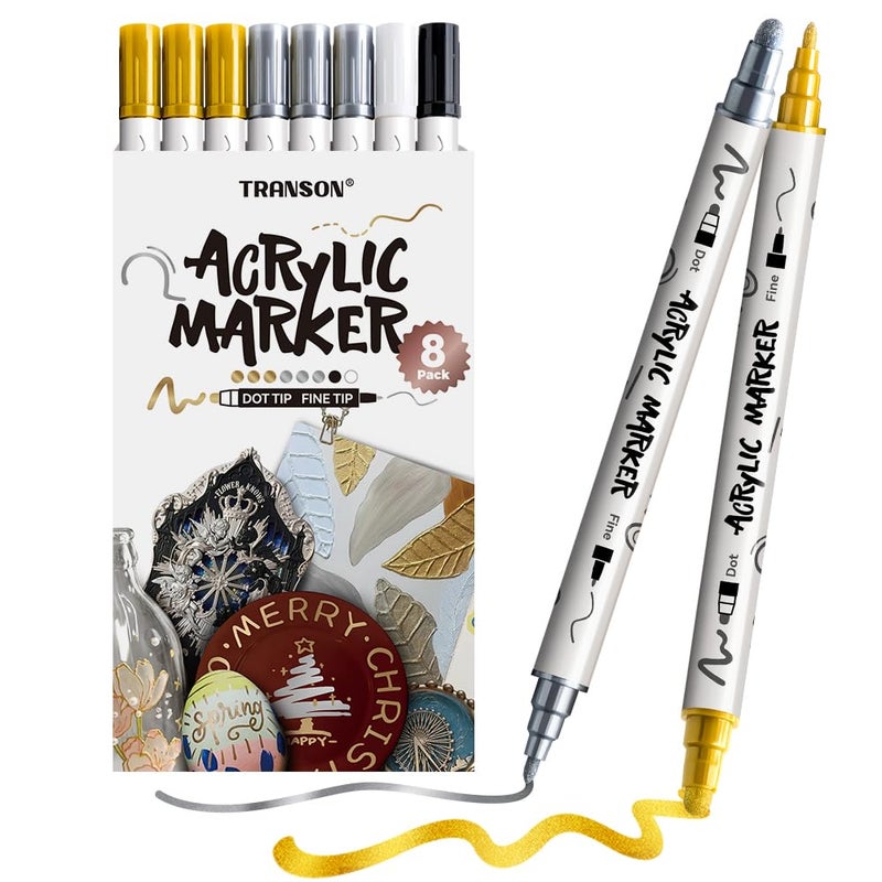 TRANSON 3 Gold, 3 Silver, 1 Black and 1 White Paint Markers Bold and Fine Dual-tip Acrylic Paint Marker Set for Rock Painting Glass Canvas Wood Leather Ceramic Painting - Image 1