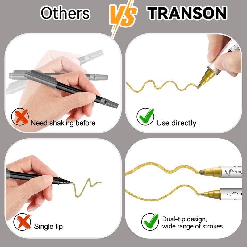 TRANSON 3 Gold, 3 Silver, 1 Black and 1 White Paint Markers Bold and Fine Dual-tip Acrylic Paint Marker Set for Rock Painting Glass Canvas Wood Leather Ceramic Painting - Image 5