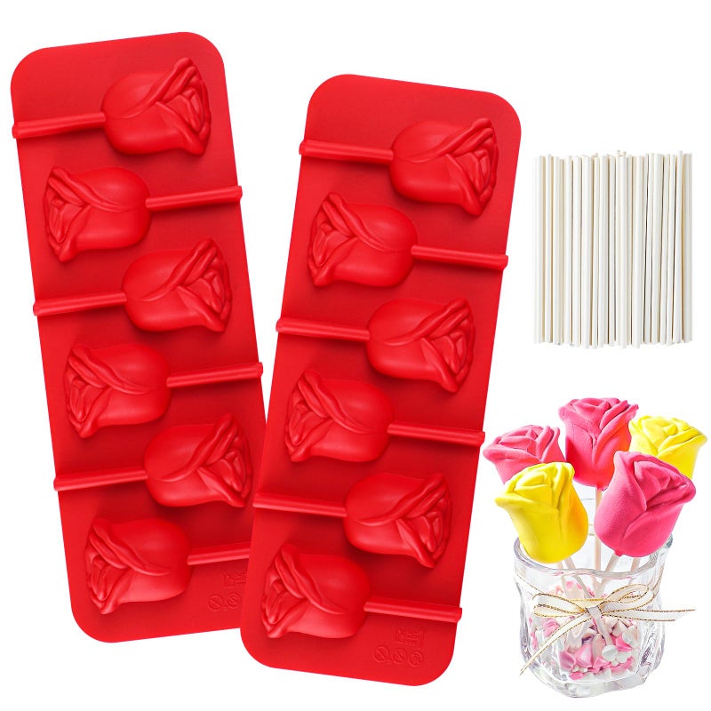 Webake 3D Rose Lollipop Molds  Silicone Chocolate Candy Molds with Sticks 2Pcs for Cupcake Decorations Sucker and Chocolate Making
