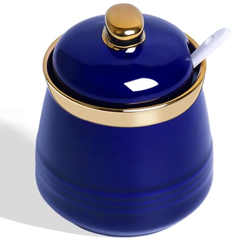HAOTOP 12oz Sugar Bowl with Lid and Spoon,Simple Ceramic Sugar Jar Sugar Container Sugar Dispenser Coffee Bar Accessories, Modern Kitchen Countertop Canisters (Navy) - Image 1