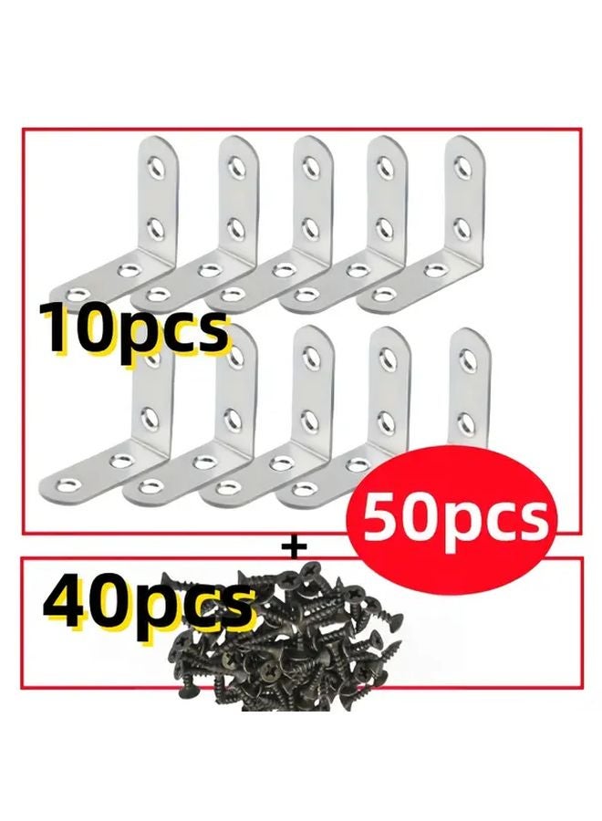 50 Pcs L Shaped Angle Bracket Set 10 Brackets 40 Screws Stainless Steel Furniture Assembly - Image 1