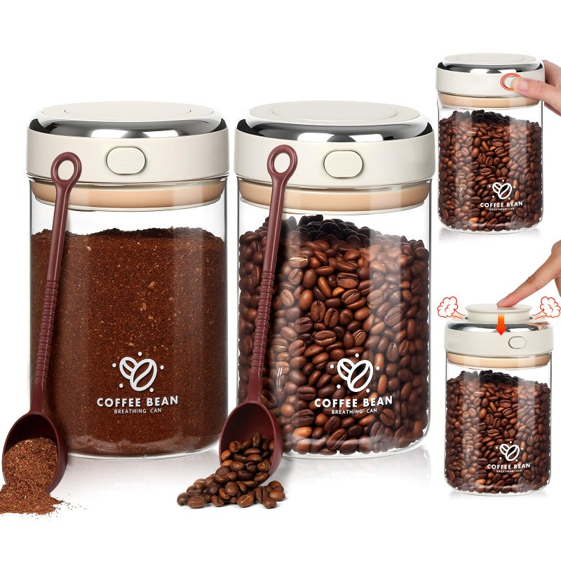 VZZNN 2 Pack 37oz Coffee Bean Storage Container with Scoop Glass Airtight Coffee Canister with One-Way Valve Airtight Lid Date Tracker Storage Container for Grounds Beans Tea Cereal Sugar Flour Cookies - Image 1
