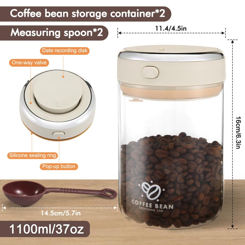 VZZNN 2 Pack 37oz Coffee Bean Storage Container with Scoop Glass Airtight Coffee Canister with One-Way Valve Airtight Lid Date Tracker Storage Container for Grounds Beans Tea Cereal Sugar Flour Cookies - Image 2