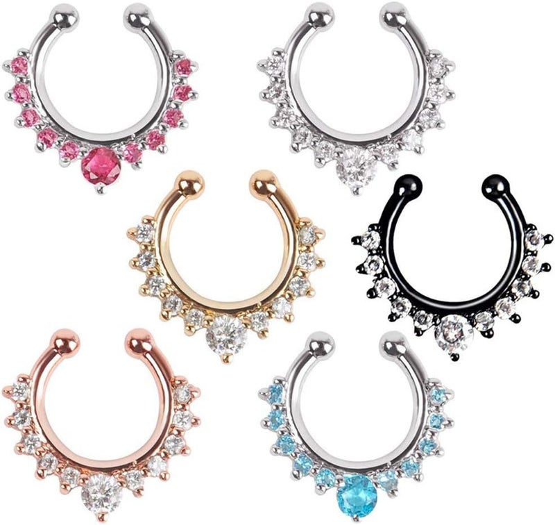 XUKEKOY 6pcs Fake Septum Clicker Nose Ring Rhinestone Non Piercing Hanger Clip Body Jewelry - Image 4