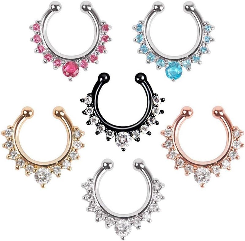 XUKEKOY 6pcs Fake Septum Clicker Nose Ring Rhinestone Non Piercing Hanger Clip Body Jewelry - Image 1