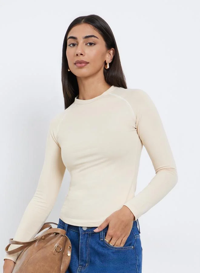 Styli Contrast Stitch Plain Raglan Sleeve Fitted T-Shirt