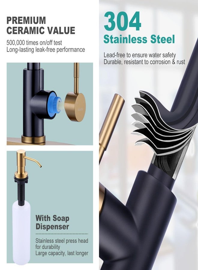WOWOW Black and Gold Kitchen Faucet with Soap Dispenser, WOWOW Stainless Steel Kitchen Sink Faucet Single Handle High Arc Utility Sink Faucet for Sink, RV, Laundry, Bar - Image 4