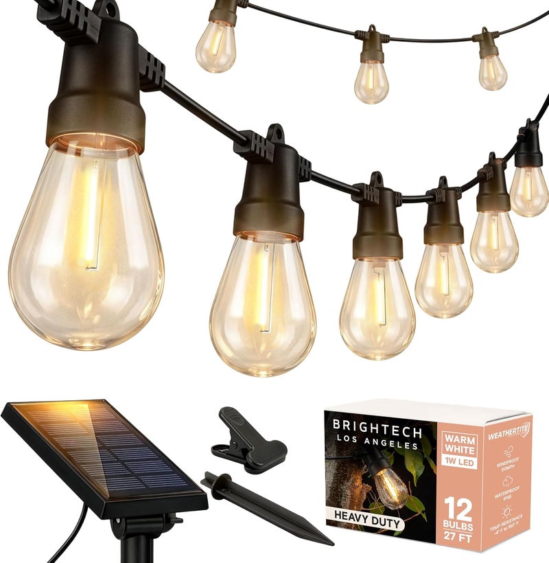برايت تك أضواء سلسلة خارجية تعمل بالطاقة الشمسية من Brightech Ambience Pro - أضواء فناء تجارية مع لمبات إديسون بطول 27 قدم - أضواء سلسلة شمسية LED غير قابلة للكسر - 1 واط LED، ضوء أبيض دافئ - Image 1