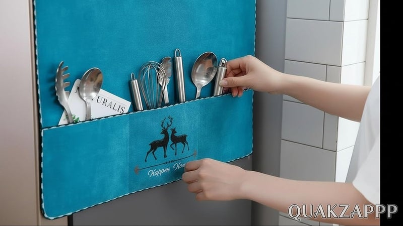 Quakzapp غطاء ثلاجة مقاوم للماء غطاء غبار ثلاجة متعدد الوظائف مع حقيبة تخزين منظمة إكسسوارات ثلاجة المطبخ (قطن) (170 × 60 سم) (أزرق غزال) - Image 3