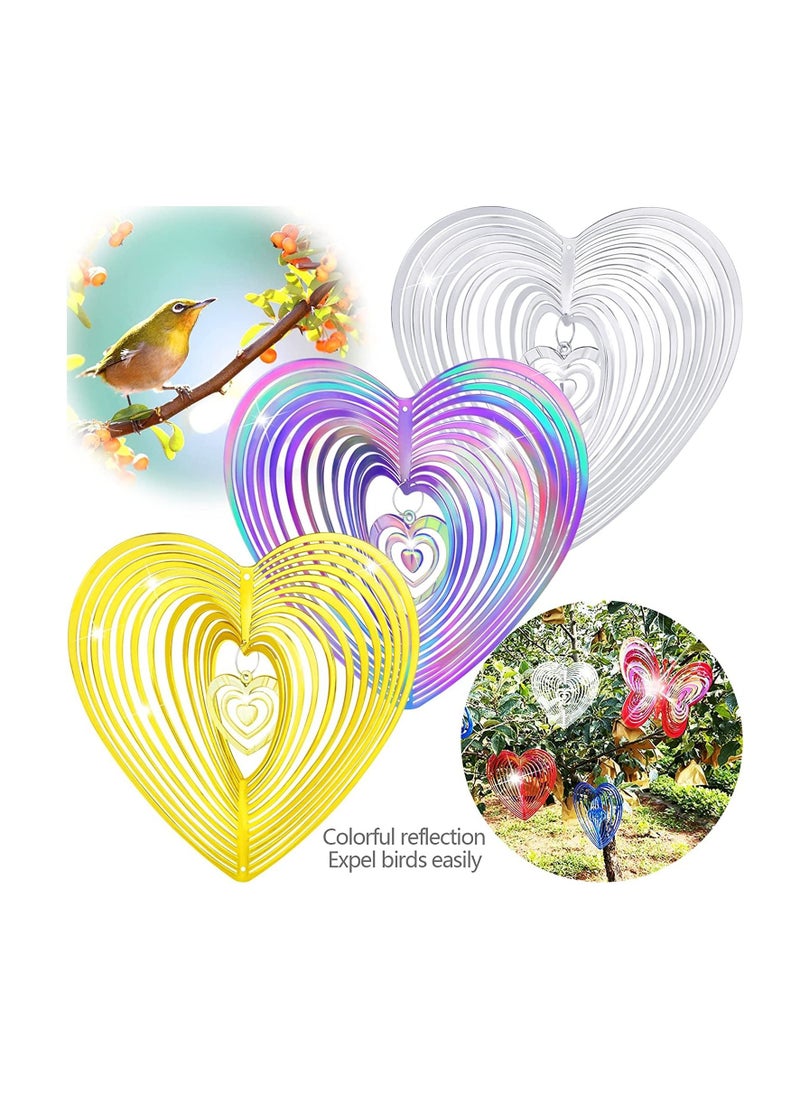 Excefore - 3Pcs Heart Design Strong Visual Bird Repellent Reflective Pinwheels Deterrent Scarers Sparkly Wind Spinner for Anti-Bird Places Gold Silver Purple 3D Beating Flowing-Light Effect Garden Decorations - Image 1