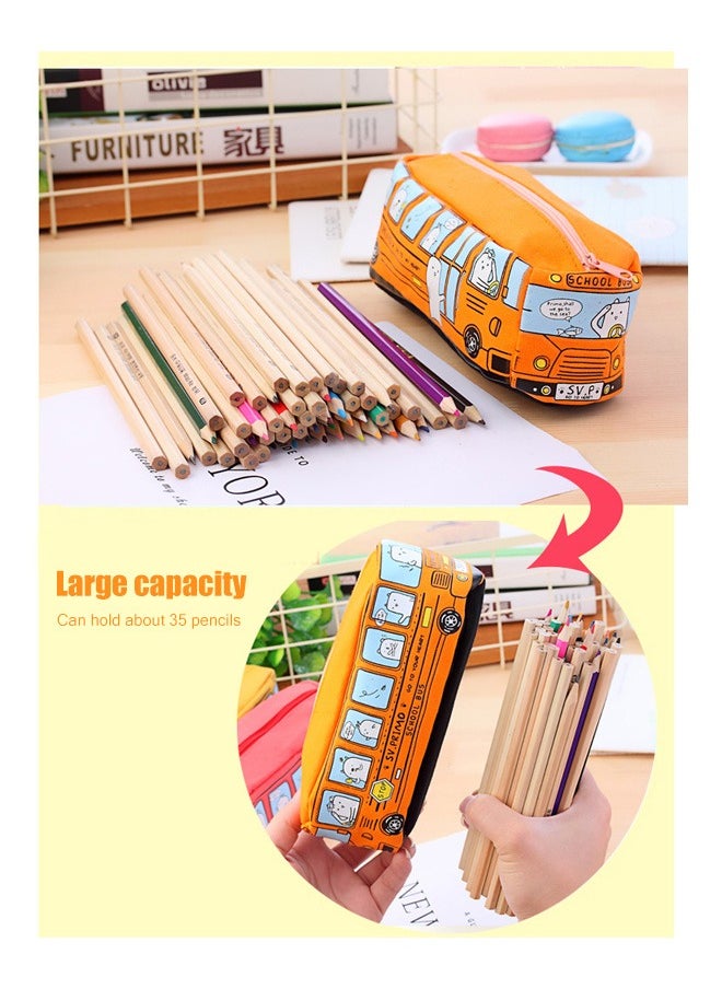 Ssovi Bus Pencil Case, Creative Lovely Bus, Student Small Animal Bus Canvas for Office Writing Case, Make Up Pen and Brush Bag, Orange  - Image 2