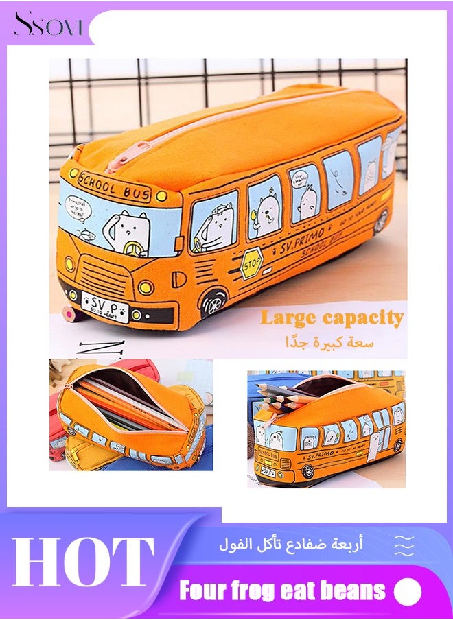 Ssovi Bus Pencil Case, Creative Lovely Bus, Student Small Animal Bus Canvas for Office Writing Case, Make Up Pen and Brush Bag, Orange  - Image 1