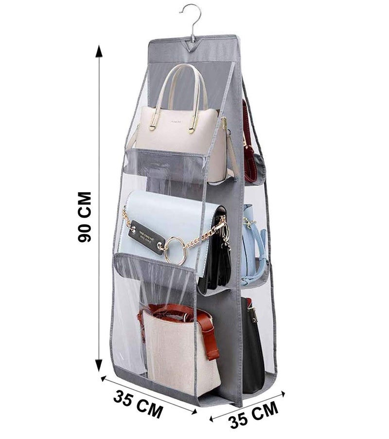 UNICRAFTS Purse Handbag Organizer 6 Pocket Foldable Large Clear Anti Dust Hanging Storage Bag Organizer with Hook Purse Hanger Storage Holder for Wardrobe Closet Organizer Pack of 1 Grey - Image 4