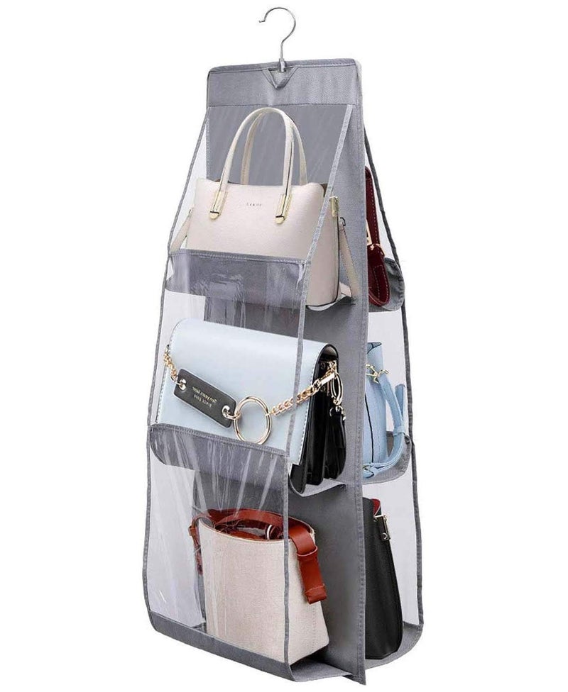 UNICRAFTS Purse Handbag Organizer 6 Pocket Foldable Large Clear Anti Dust Hanging Storage Bag Organizer with Hook Purse Hanger Storage Holder for Wardrobe Closet Organizer Pack of 1 Grey - Image 1