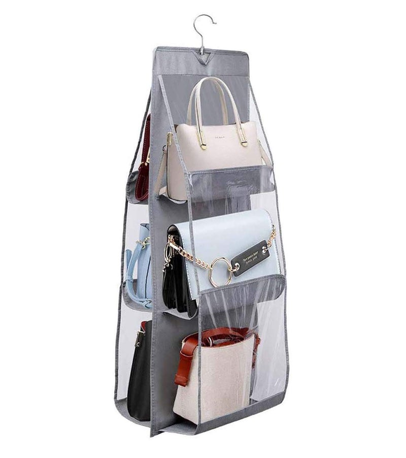 UNICRAFTS Purse Handbag Organizer 6 Pocket Foldable Large Clear Anti Dust Hanging Storage Bag Organizer with Hook Purse Hanger Storage Holder for Wardrobe Closet Organizer Pack of 1 Grey - Image 2