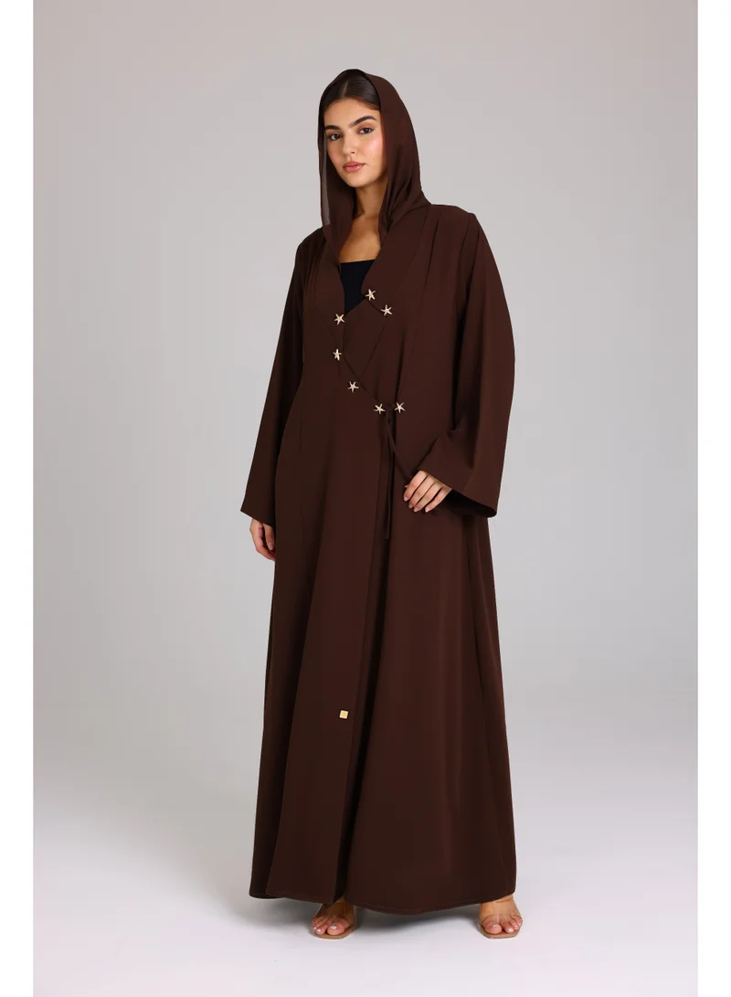 Ikkxa  Modern Design Star Details Soild Brown Abaya for Women | Best Price UAE